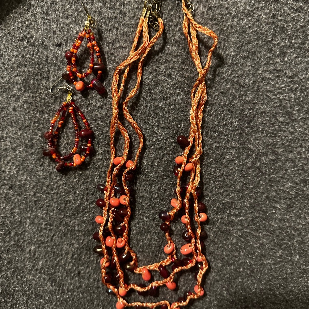 Elegant Orange Beaded Necklace‎ and Earring Set